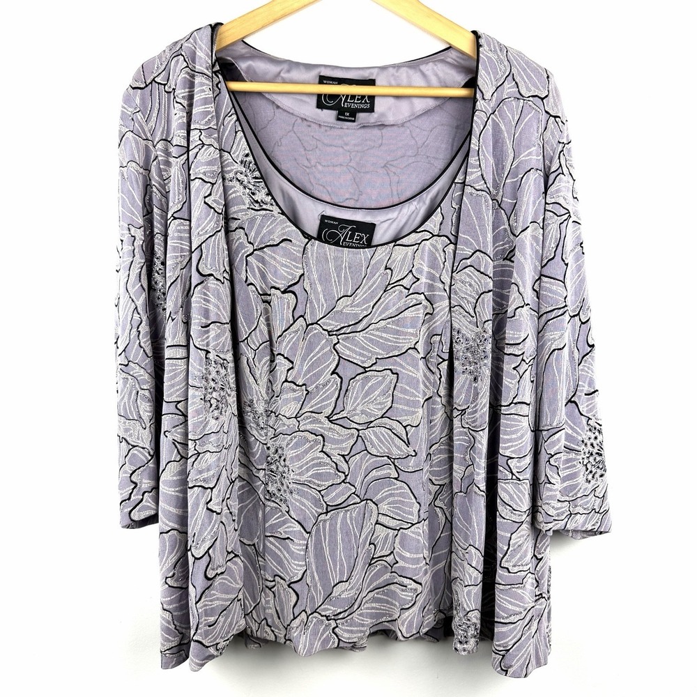 Alex Evenings 1X 2 Piece Floral Beaded Blouse Open Front Jacket Lavender